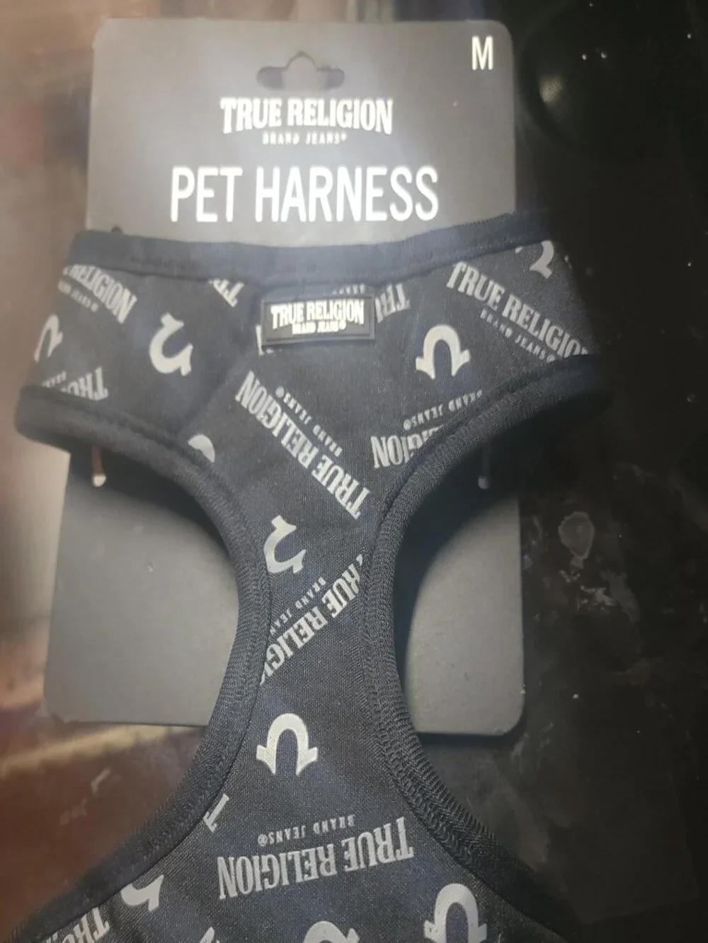 True Religion Pet Harness Medium Black Logo Print Adjustable Dog Harness NWT